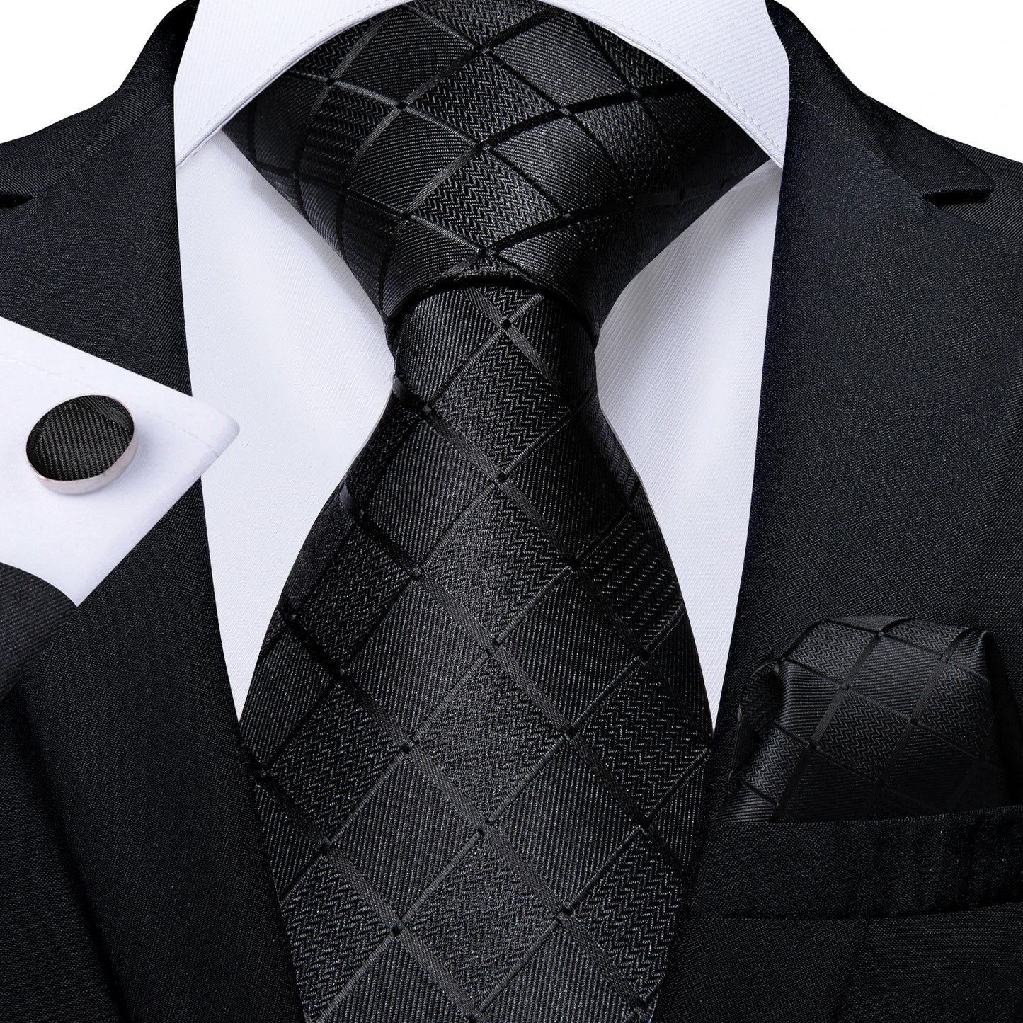 Solid Black Plaid Men's 8cm Polyester Neck Tie Handkerchief Cufflinks Set with Gift Box Tie Clip Birthday Anniversary Gift