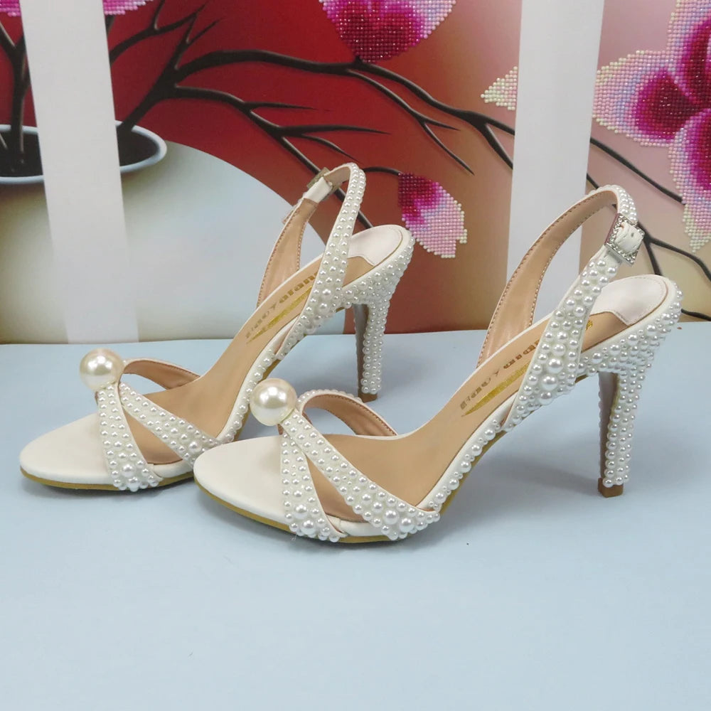 2024 New Arrival Hademade White Sandals Bridal shoes bag set woman Big Pearl Girls fashion Sandals party Shoes Fashion Thin Heel