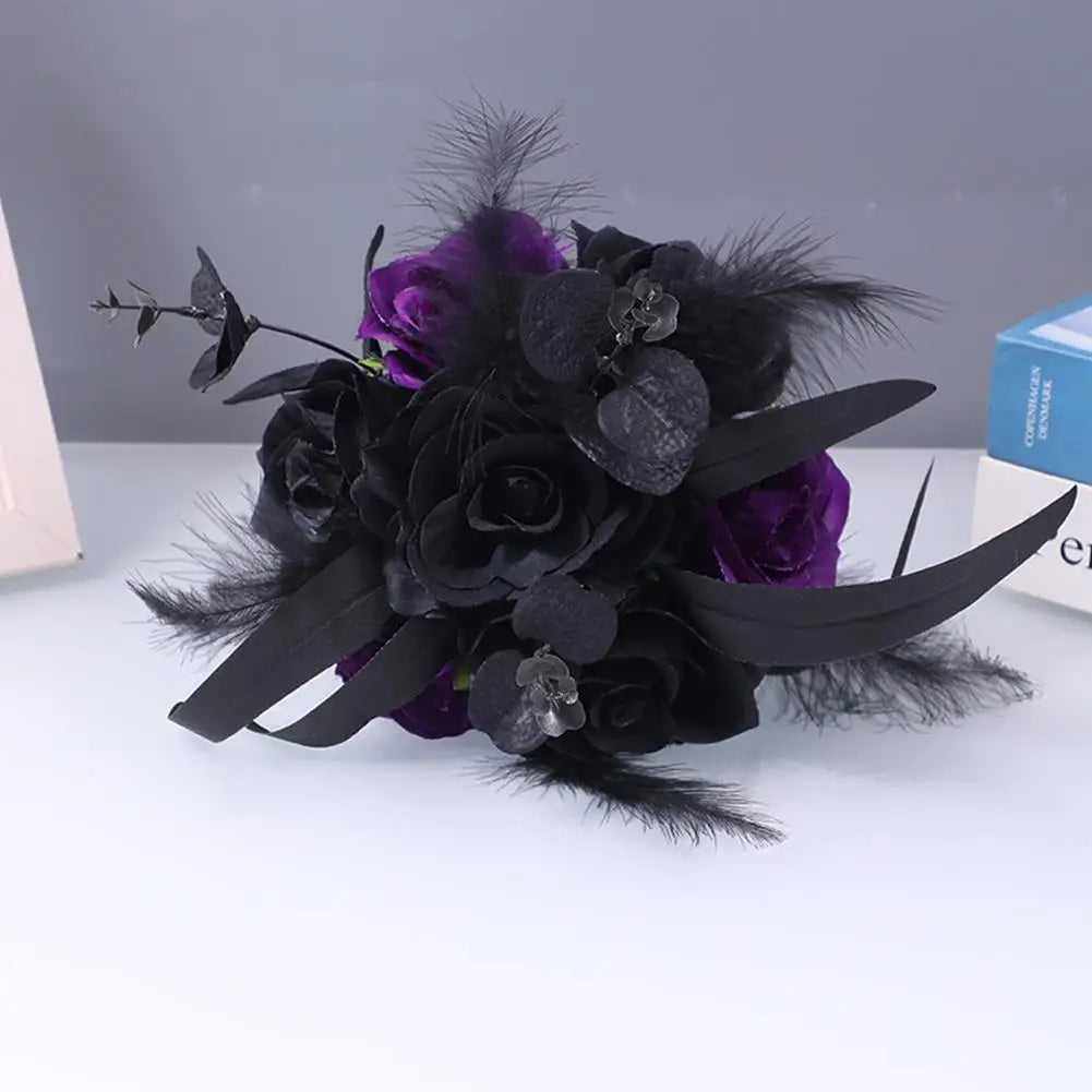 Yannew Black Burgundy Gothic Bridal Bouquets for Bride Bridesmaids Artifiicial Silk Foam Roses Flower Wedding Bouquet Halloween