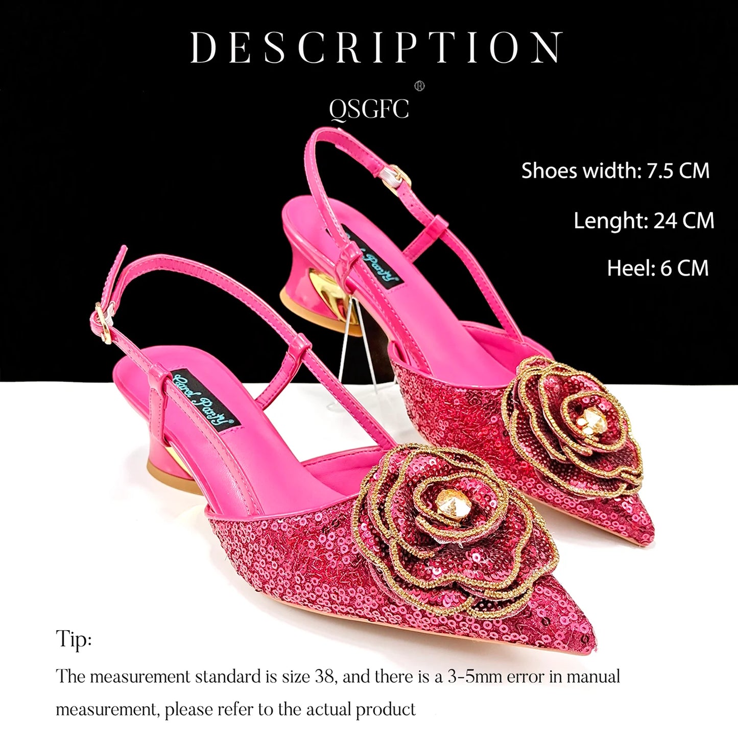 QSGFC Shiny Gold Color Shoes and Bag Elegant Handbags and Medium Heel Shoes Beautiful Handmade Flowers For Wedding Party