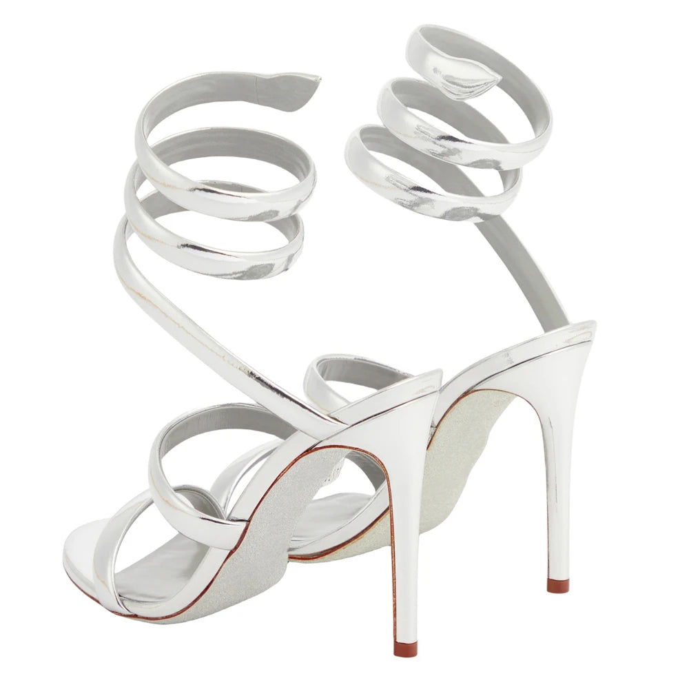 Summer new round toe silk ribbon snake-shaped wrapped sexy sandals thin high-heeled banquet dress large size women's shoes