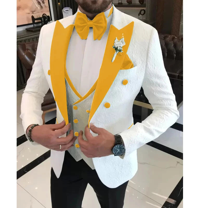 Men Wedding Suits 2024 Formal White Jacquard Men Suit Set Slim Fit Groom Tuxedos Groomsman Blazer Suits For Men 3 Piece