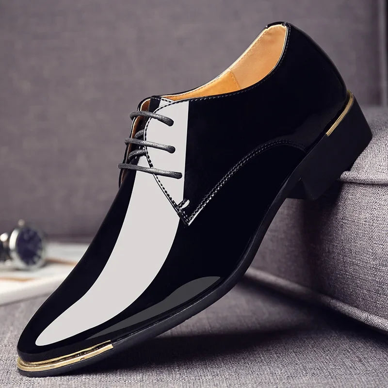 2024 New Men’s Patent Leather Shoes British Style Men's Dress Shoes Lace Up Pointed Toe Wedding Business Party Social Shoe Male