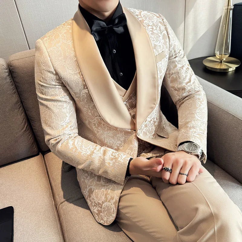 Spring 2025 Men's British Style Business Casual Three-Piece Suit Vest Trousers High-Density Jacquard Wedding Dress