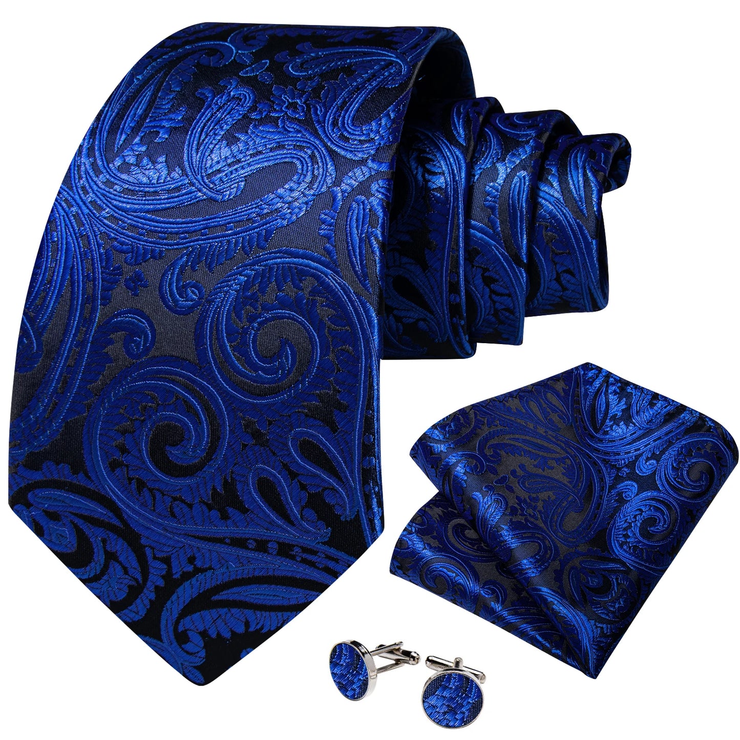 Royal Blue Paisley Plaid Striped Men tie Set with Handkerchief Cufflinks Wedding Prom Groom Accessories Perfect Gift for Men