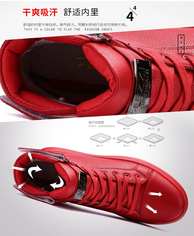 Fashion Luxury Men's Red High Top Sneakers PU Leather Casual Sneakers Men Flat Designer Shoes Breathable Hip Hop Sport Shoes Man