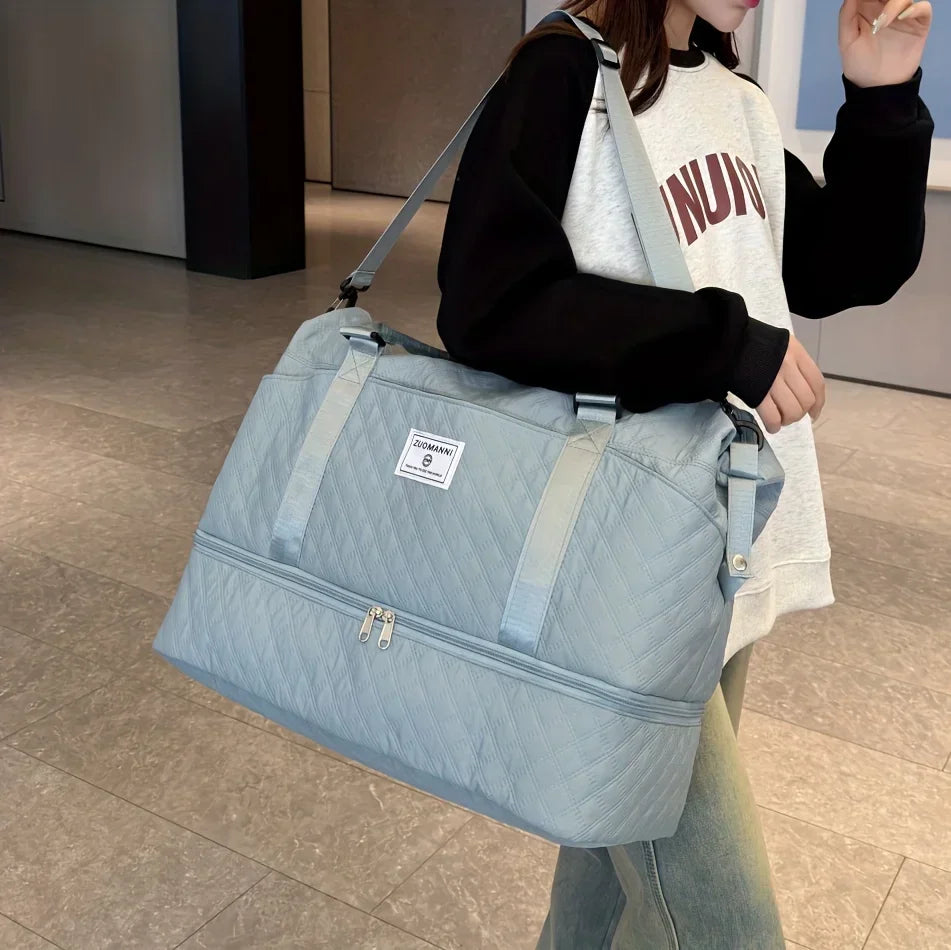 2pcs Set Large Capacity Travel Duffel Bag with Shoe Compartment and Cosmetic Pouch, Casual Nylon Gym Bag, Weekend Overnight Bag