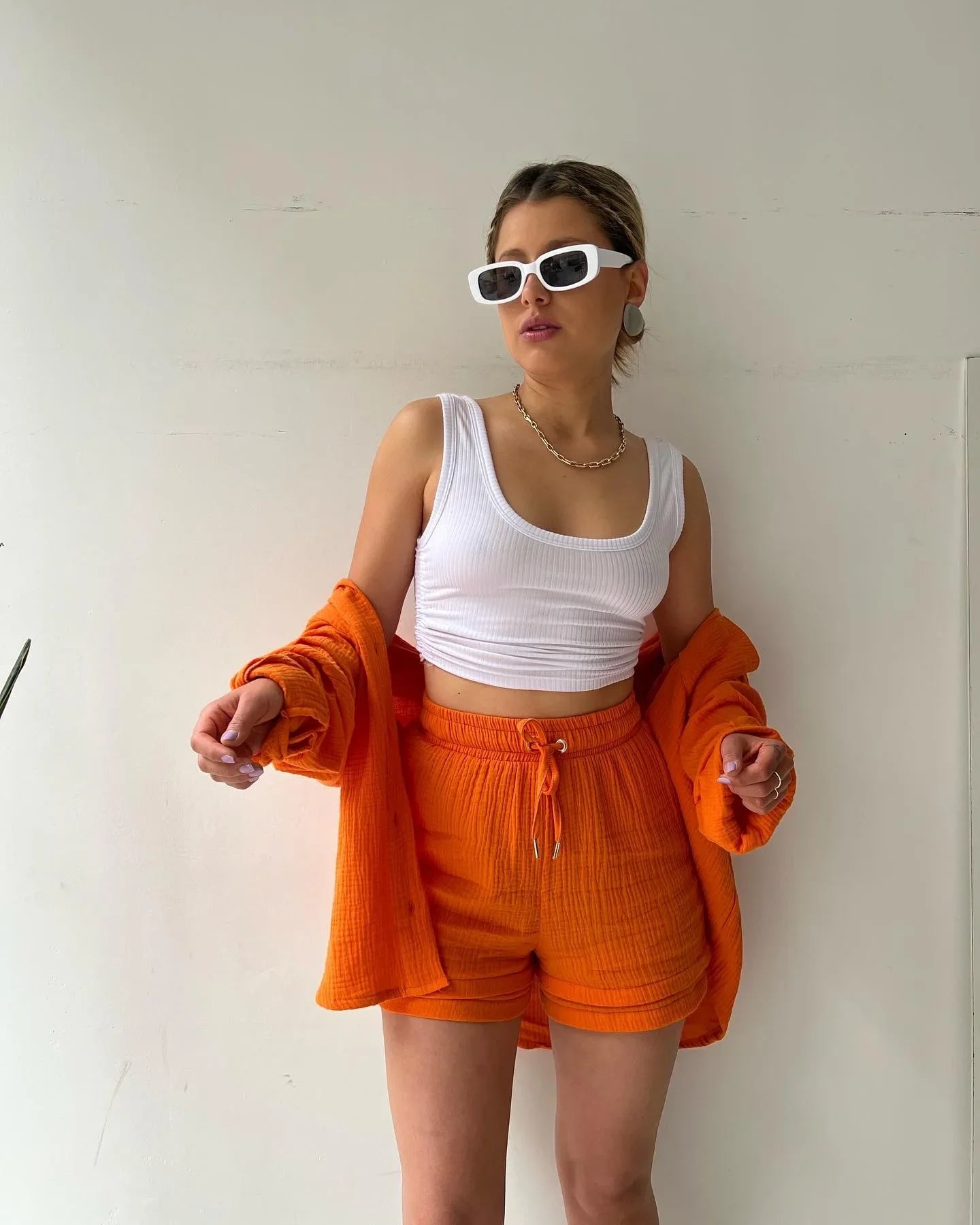 Short Sets Women Tracksuit Single Breasted Cardigan Blouses Two Pieces Shorts Loose Button High Street Solid Pockets Folds