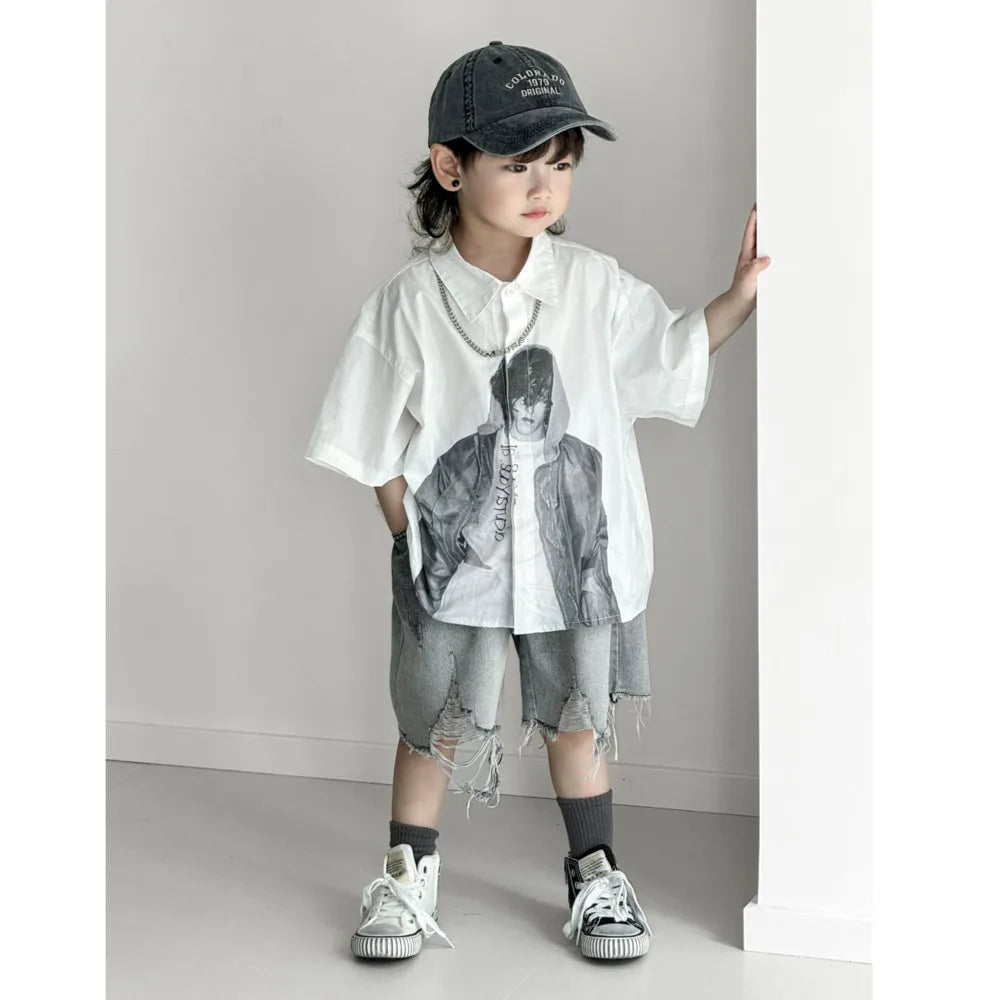 Boys' Sets Button Shirts Denim Shorts Two-piece Summer Suits 2025 New Korean Handsome Children's Street Hole Jeans Suits