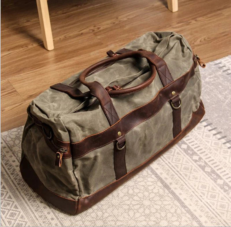 Vintage Waxed Canvas Men Luggage bag Genuine Leather Men Travel Bags Large Duffel Bags Weekend bag of trip Overnight carry on