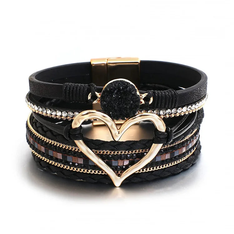 WYBU Love Heart Charm Leather Bracelets For Women Fashion Braided Bangles Multilayer Resin Stone Hollow Leather Wrap Bracelets