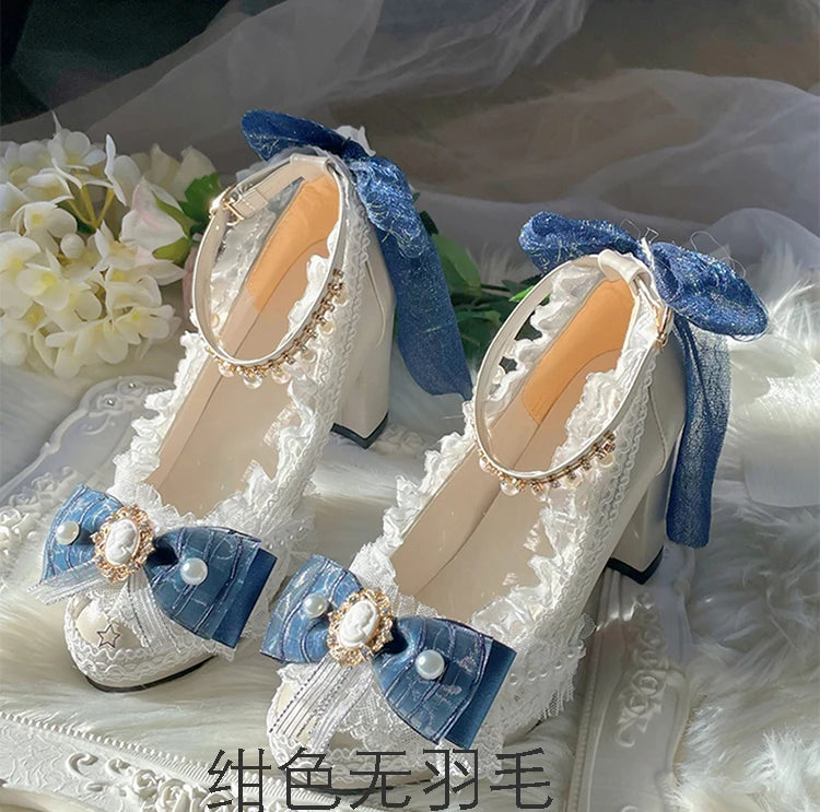 Original Handmade Lolita High Heels Heavy Industry Feather Stitching Pearl Bow Lace Platform Shoes Round Head Princess Heels