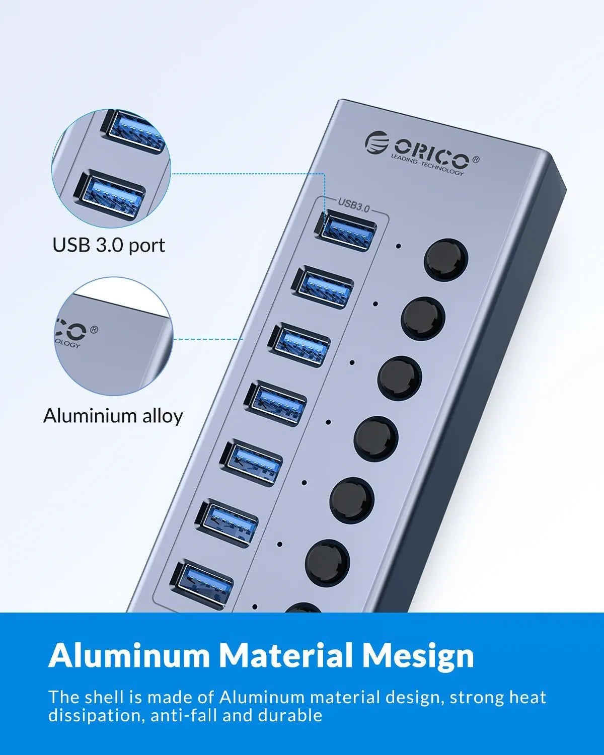 ORICO Aluminum Powered USB3.0 HUB 7/10 Ports USB Extension with Switches 12V Power Adapter Support BC1.2 Charging Splitter