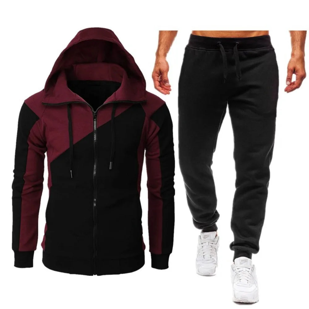 Men's Sets, Athletic two-tone patchwork jacket, long sleeves and long pants, hooded casual sports men's suit