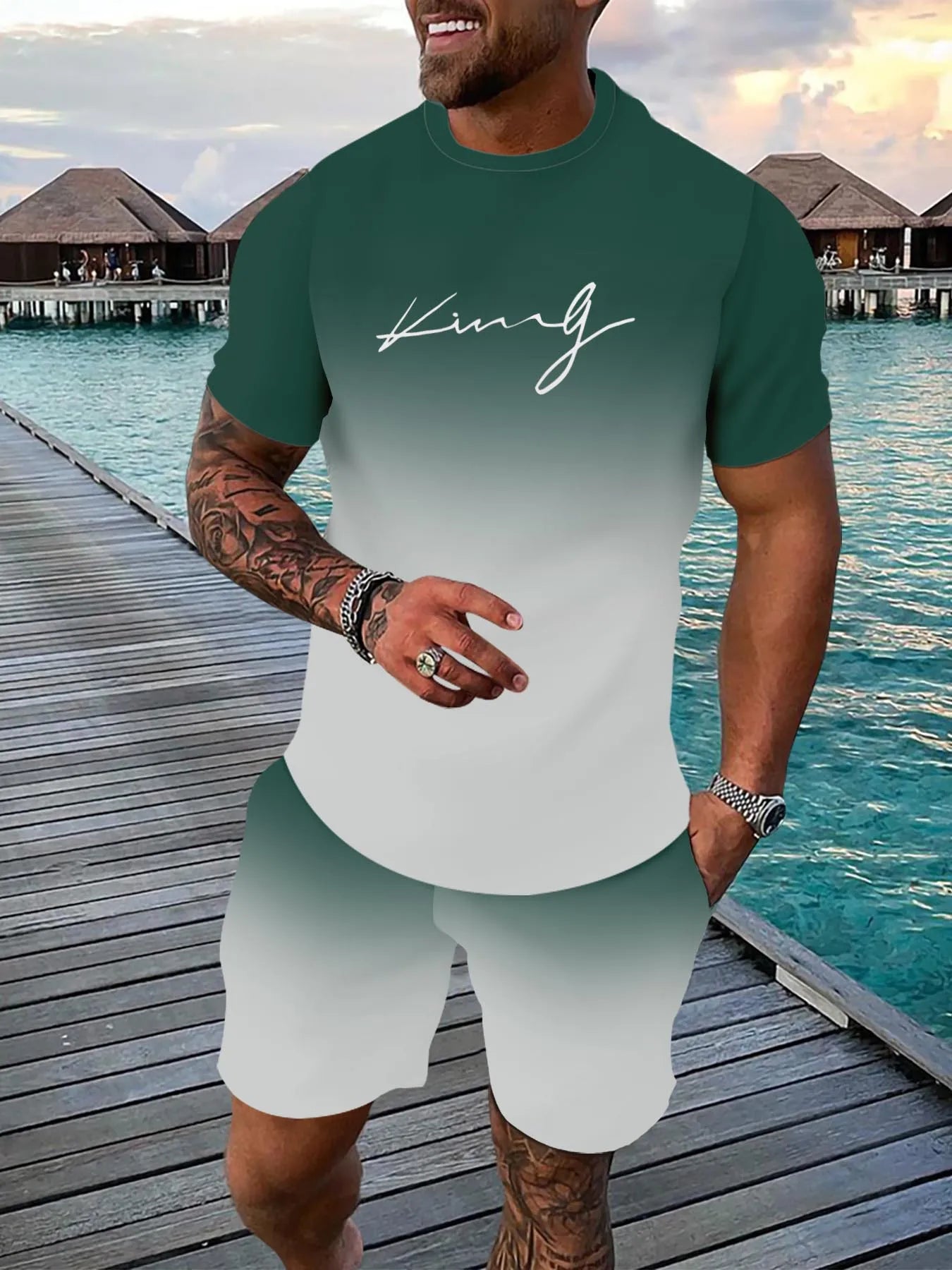 Casual sports suit breathable outdoor casual men's T-shirt five-point pants suit summer 3D printing suit male adult
