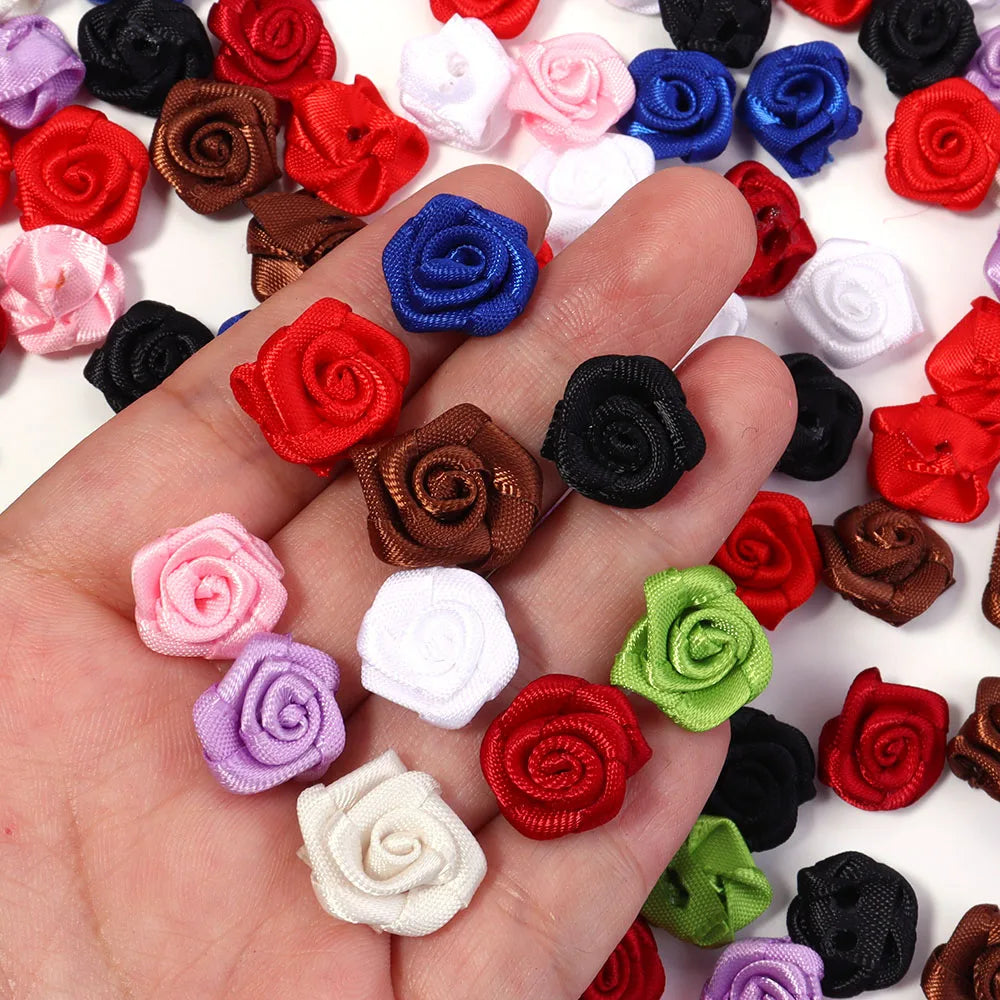 20Pcs/Lot Mini Handmade Rose Flower Satin Ribbon Rosettes Fabric Appliques For Wedding Decoration Craft Sewing Accessories