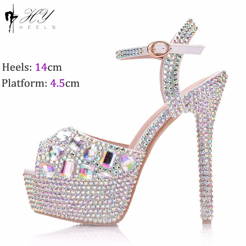 Fashion Diamond Wedding Shoes Ladies 14cm Heels Open-toed High-heeled Waterproof Platform Party Shoes Women