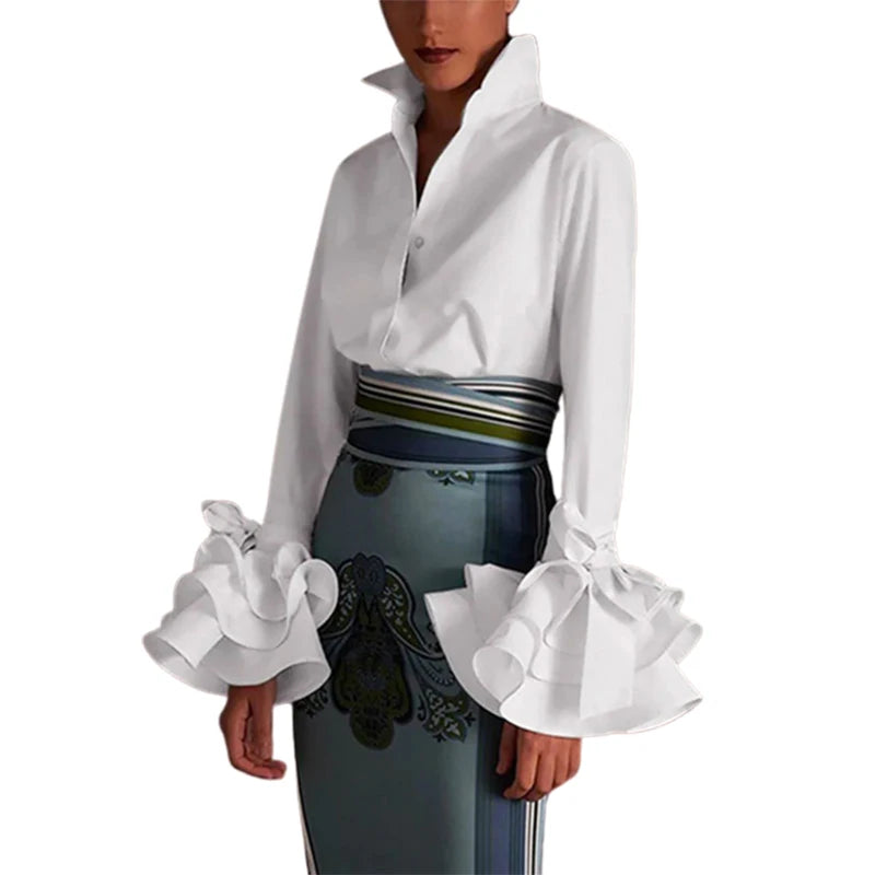 Women Elegant Flared Sleeves Falbala Blouses 2024 New Spring Autumn Black White Color Casual Office Lapel Shirts Tops