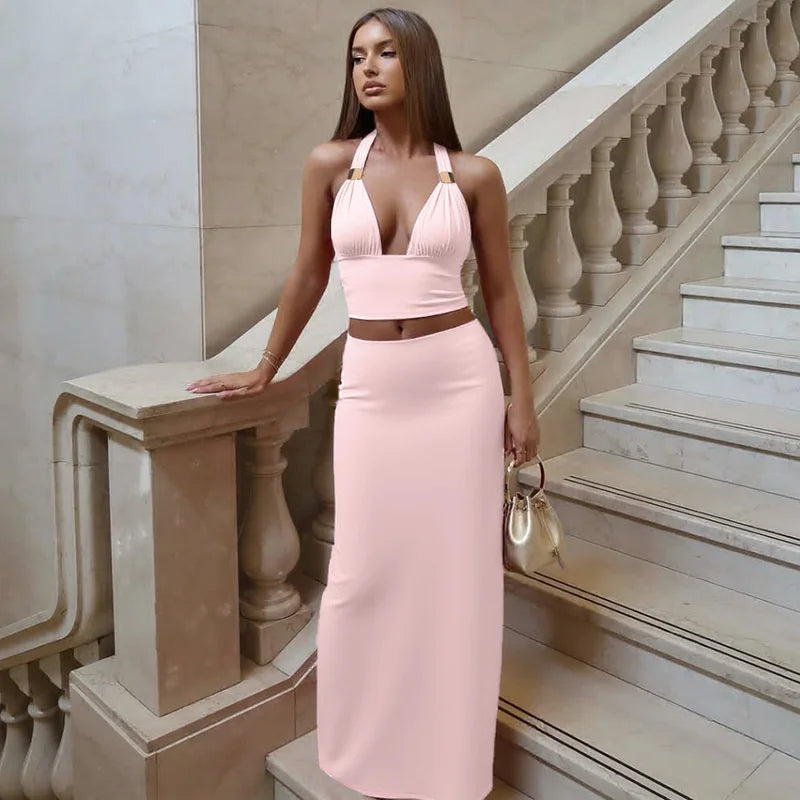 Mozision Elegant Summer 2 Piece Sets Women Metal Ring Crop Tops And Maxi Skirt Female Fashion Solid Lace-up Beach Two Piece Sets