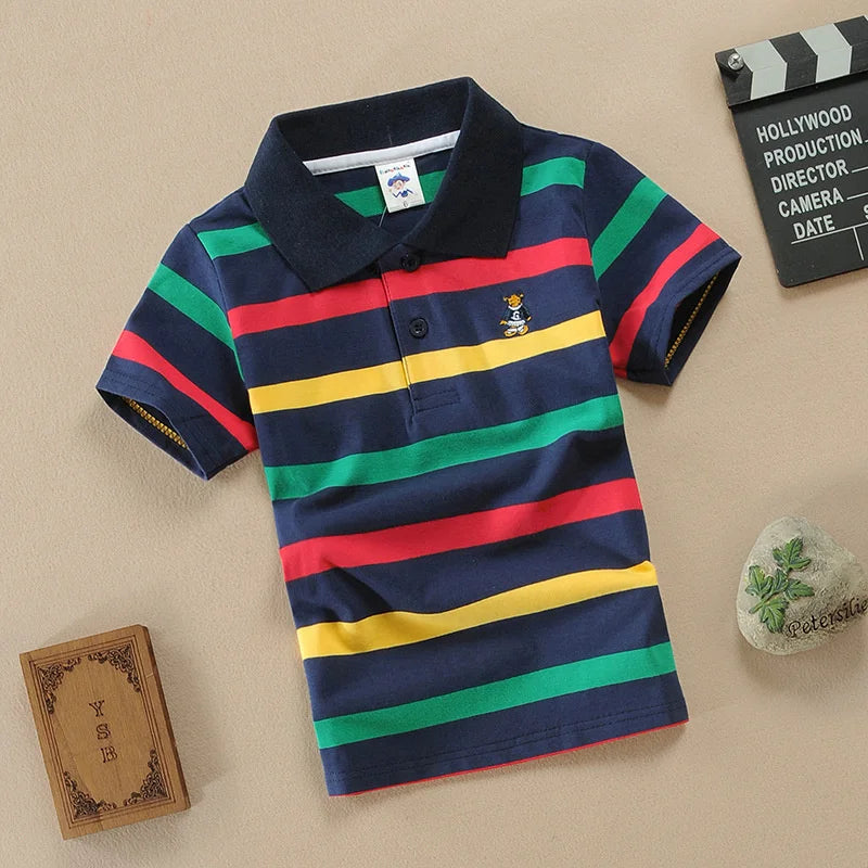 Boys T-shirt Summer Children Short Sleeve Stripe ClothingTees Cartoon Bear Embroidery Tops Kids Breathable Polo Shirt