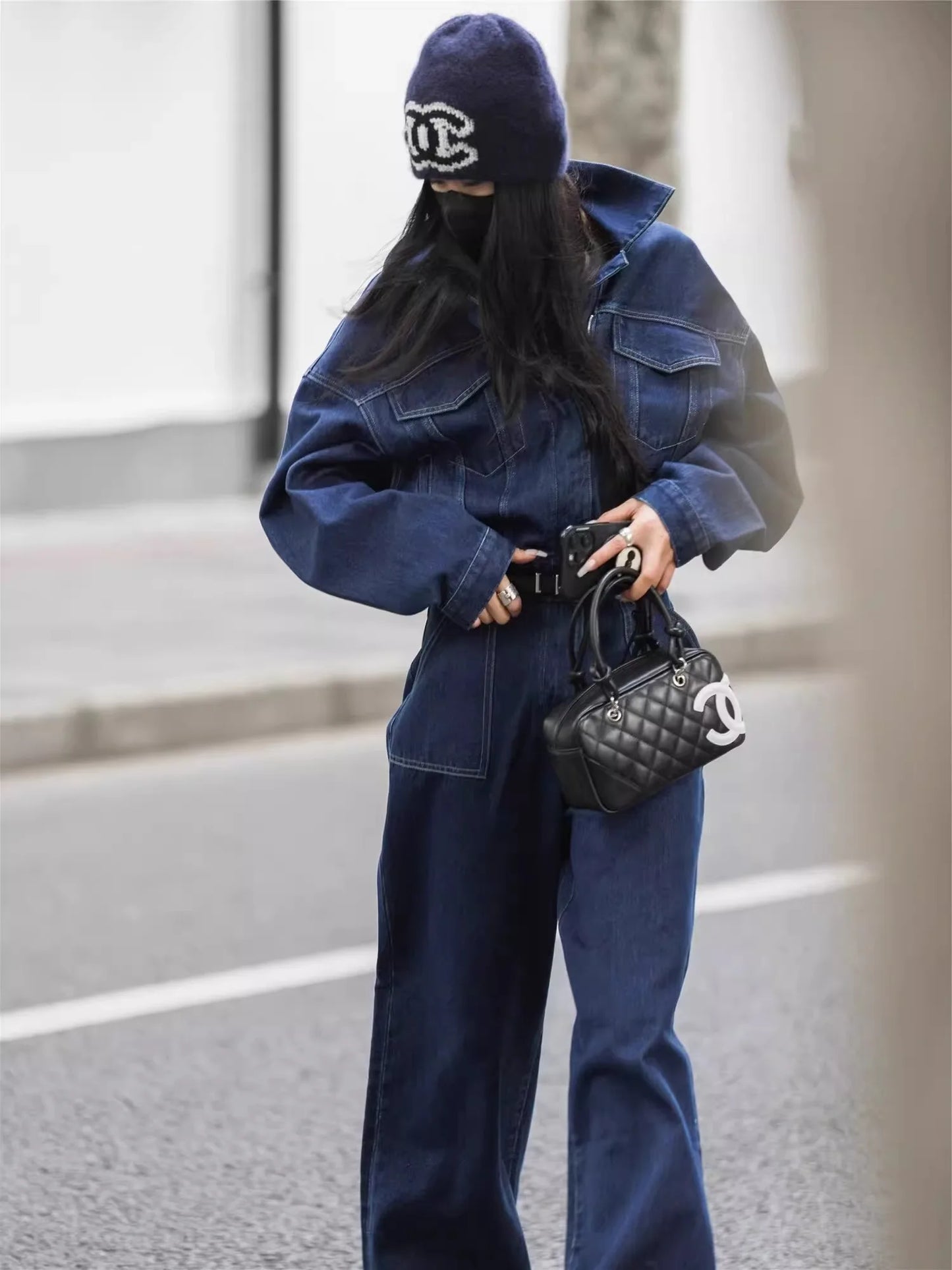 Blue Design Denim Jumpsuit Women'S Spring And Autumn Collar Fashionable Workwear Large Pocket Loose Pants