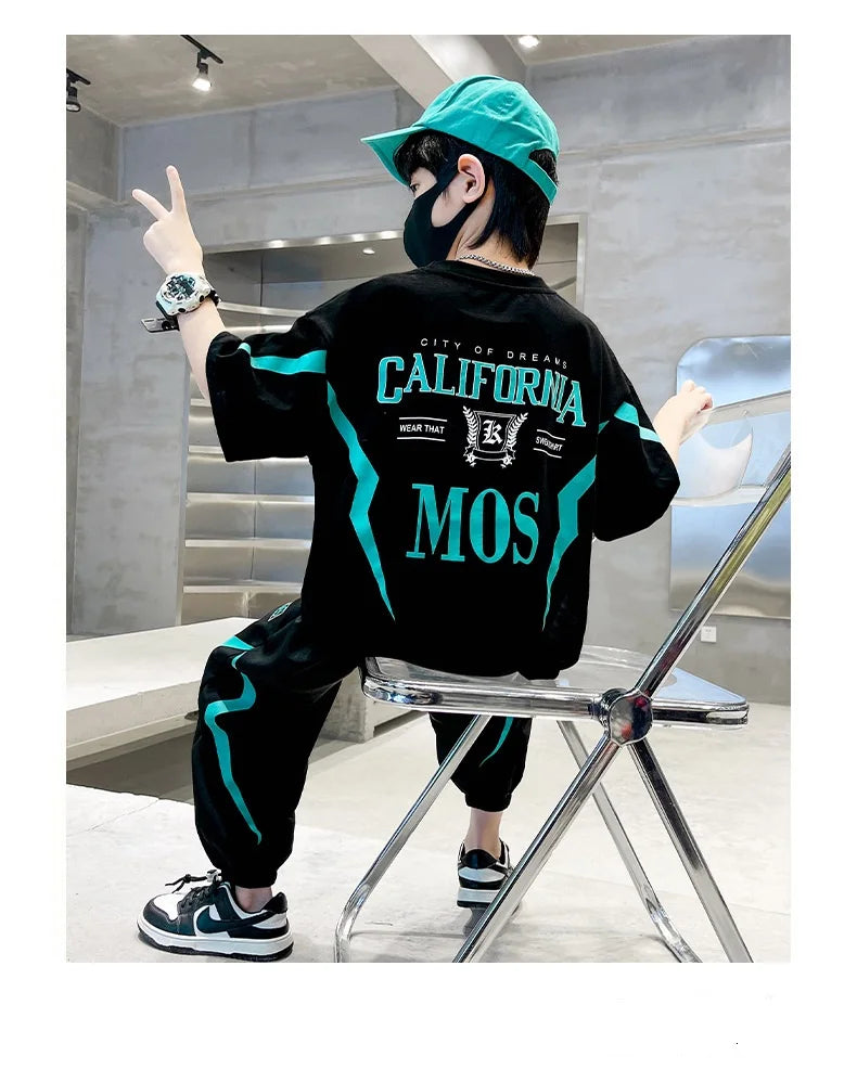 Summer Boys Cotton Alphabet Lightning T-Shirt Tops+Sweatpant School Kids 2PCS Tracksuit Child Jogger Outfit Workout Set 5-14 Yr