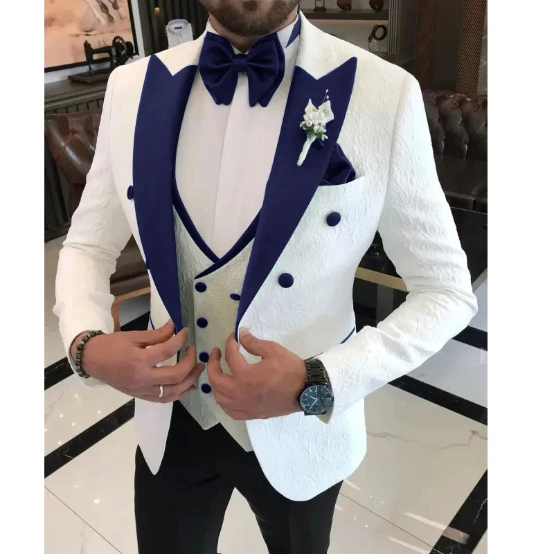 Men Wedding Suits 2024 Formal White Jacquard Men Suit Set Slim Fit Groom Tuxedos Groomsman Blazer Suits For Men 3 Piece