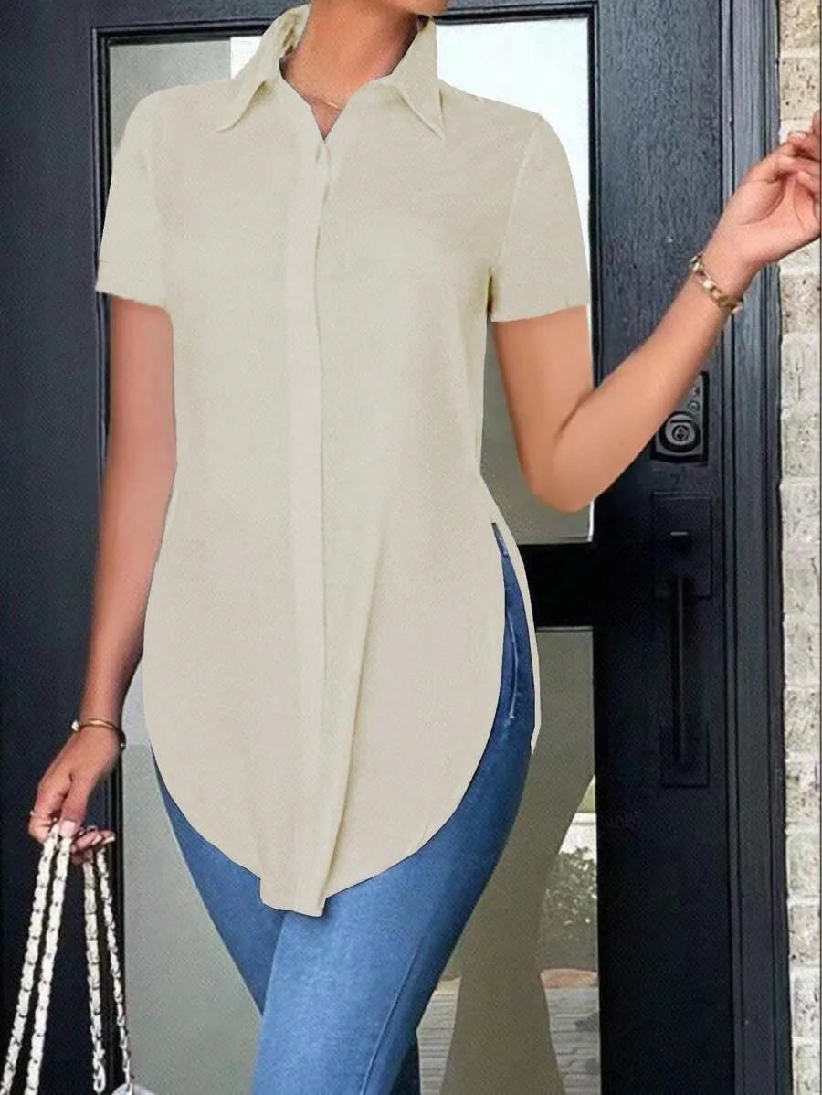 Women's Blouses Summer Casual White Short Sleeved Shirt Fashion OL Lapel Irregular Slim Shirts Women Clothing Streetwear Tops