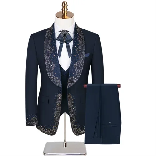 Luxury Wedding Suit For Fashion Men Beaded Slim Fit Groom Tuxedo Gentleman Party Suit 3 Pieces (Jacket+Pants+Vest) 2025