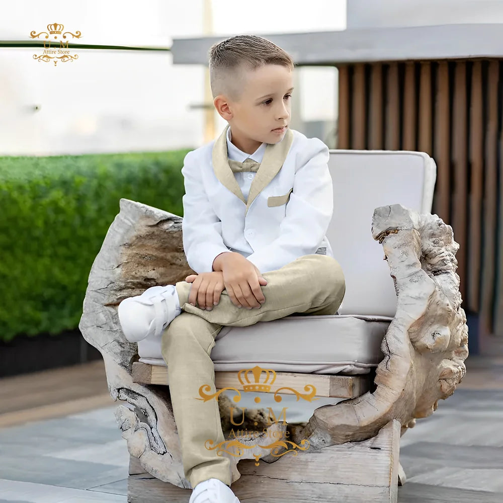 Boys' Linen Suit 2-piece set white Jacket Grey Pants Toddler first communion Outfit, pageboy formal set for wedding ring bearer