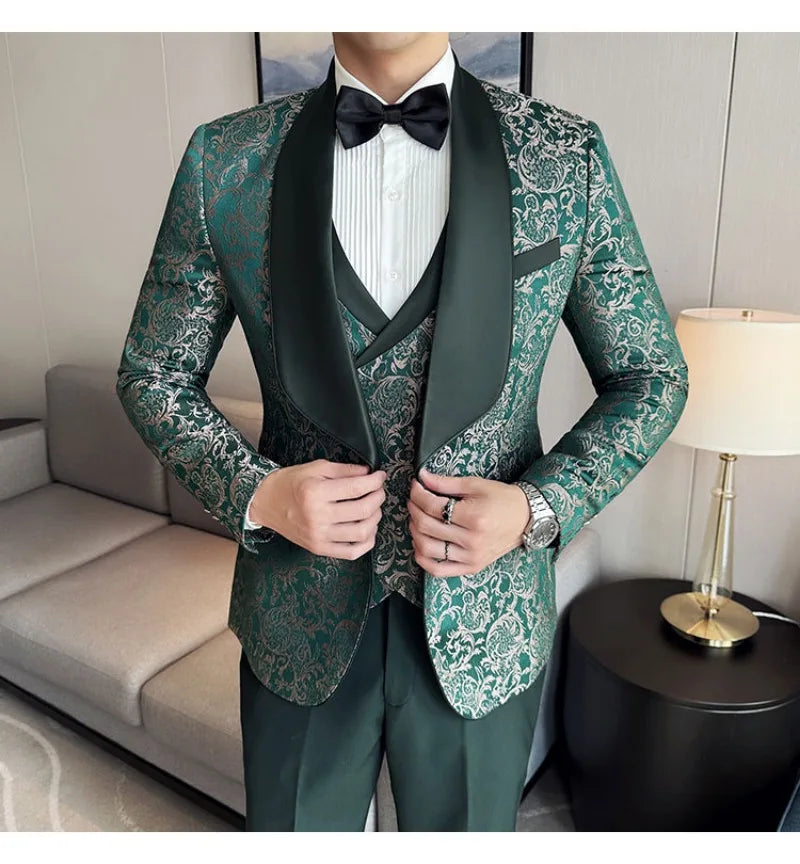 Spring 2025 Men's British Style Business Casual Three-Piece Suit Vest Trousers High-Density Jacquard Wedding Dress