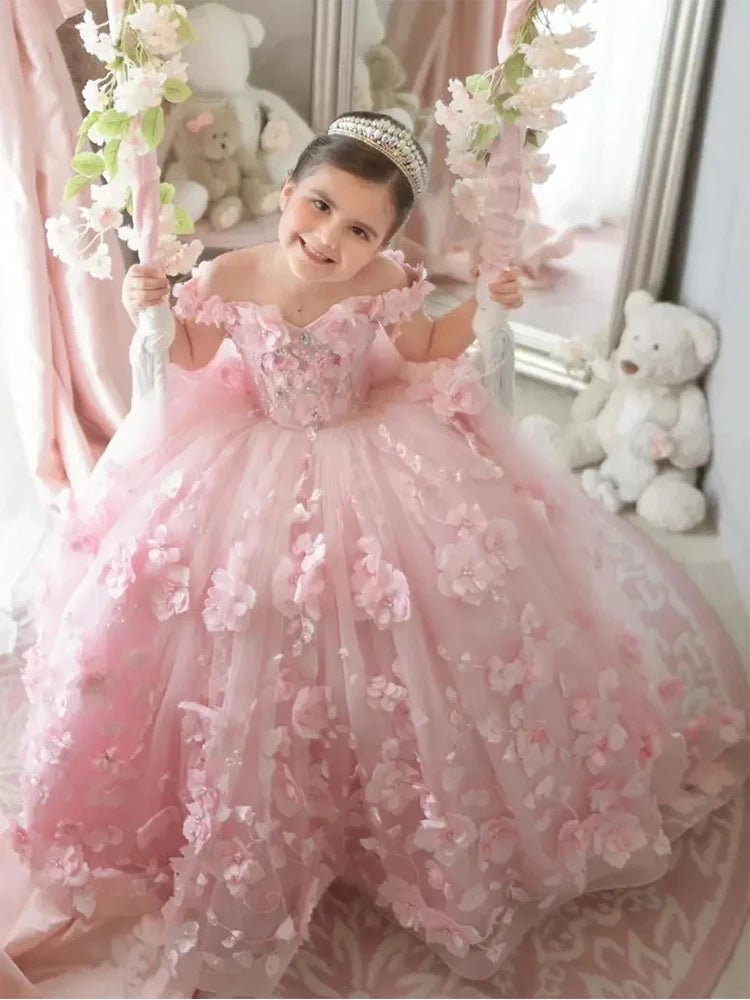 Pink 3d Applique Flower Girl Dress For Wedding Off Shoulder Luxurious Pearls Tulle Child First Eucharistic Birthday Party Dress