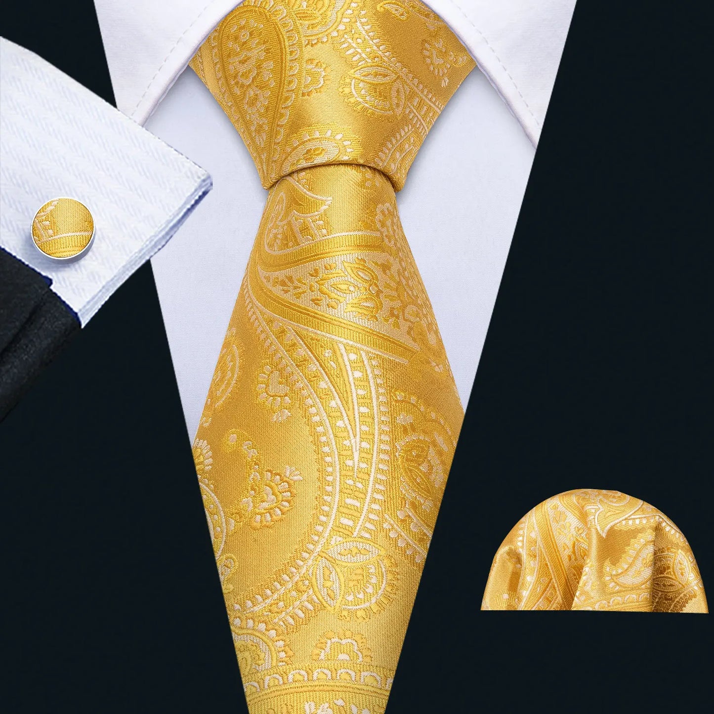 Barry.Wang Gold Beige Yellow Brown Tulip Silk Men Tie Handkerchief Cufflink Set Jacquard Necktie for Male Wedding Business Party