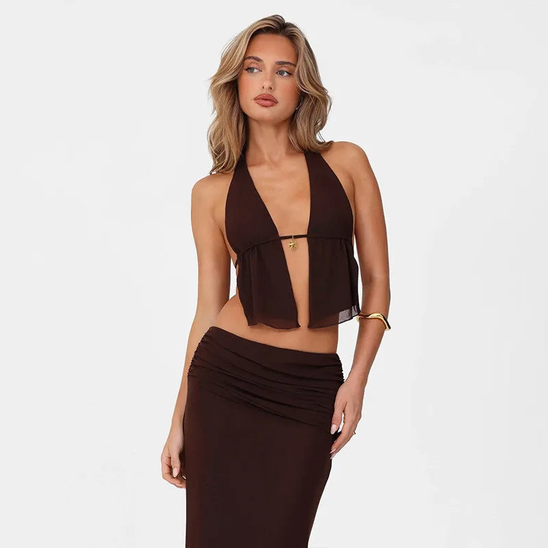 Mozision Hollow Out Lace-up Sexy Skirt 2 Piece Sets Women Brown Halter Crop Tops And Maxi Skirt Female Skinny Sexy Two Piece Set