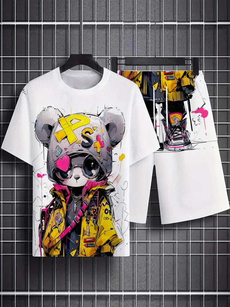 Men's Summer Short Sleeve Set Hip Hop Cartoon Bear Print Short Sleeve Top Shorts Casual Two-piece Outdoor Urban Street Fashion