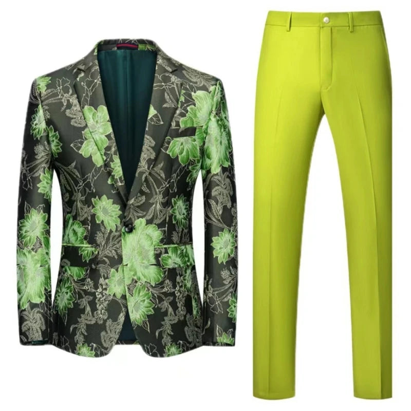 Men Suit 2 Pieces Orange Flower Pattern One Button Business Casual For Wedding Birthday Party Set Jacket And Pants