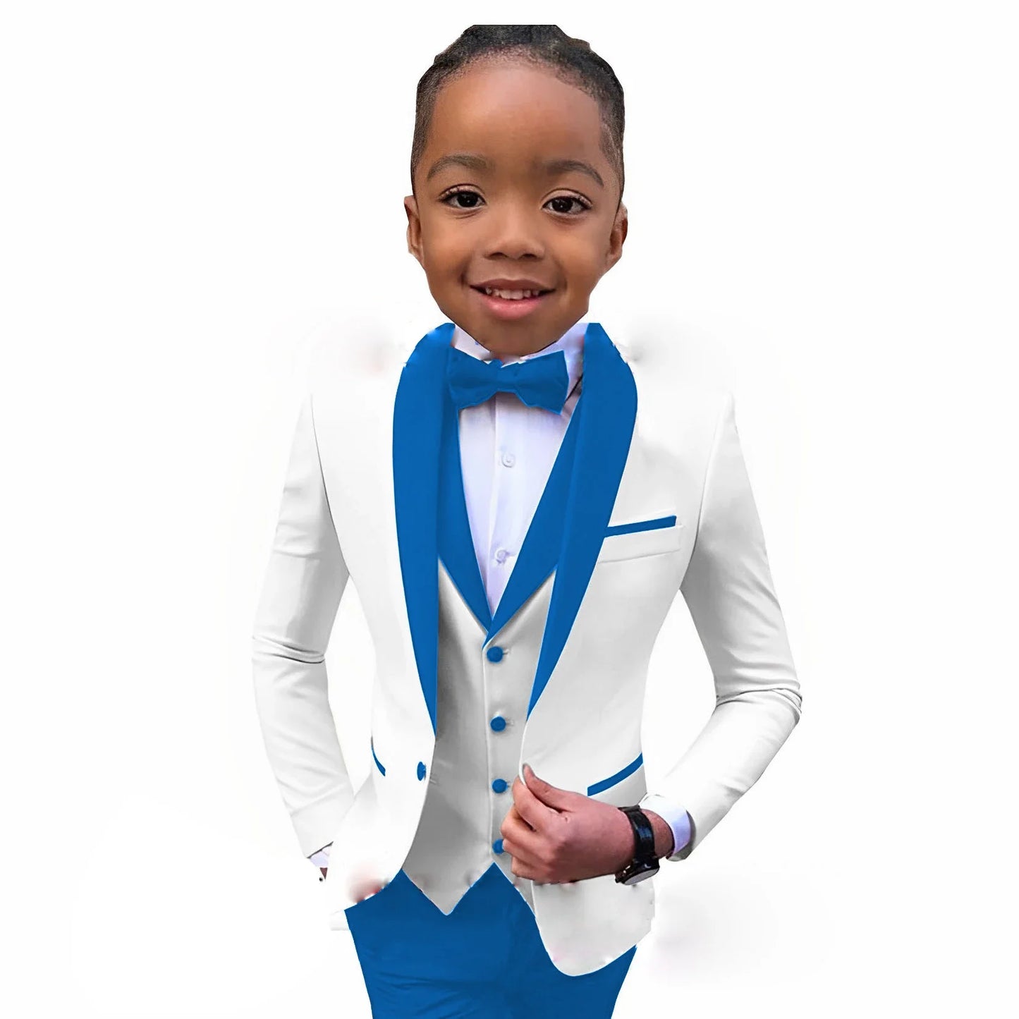 Suit For Boys White Jacket Royal Blue Collar 3 Piece Wedding Kids Tuxedo Formal Party Clothes 2-16 Years Old Children Suits