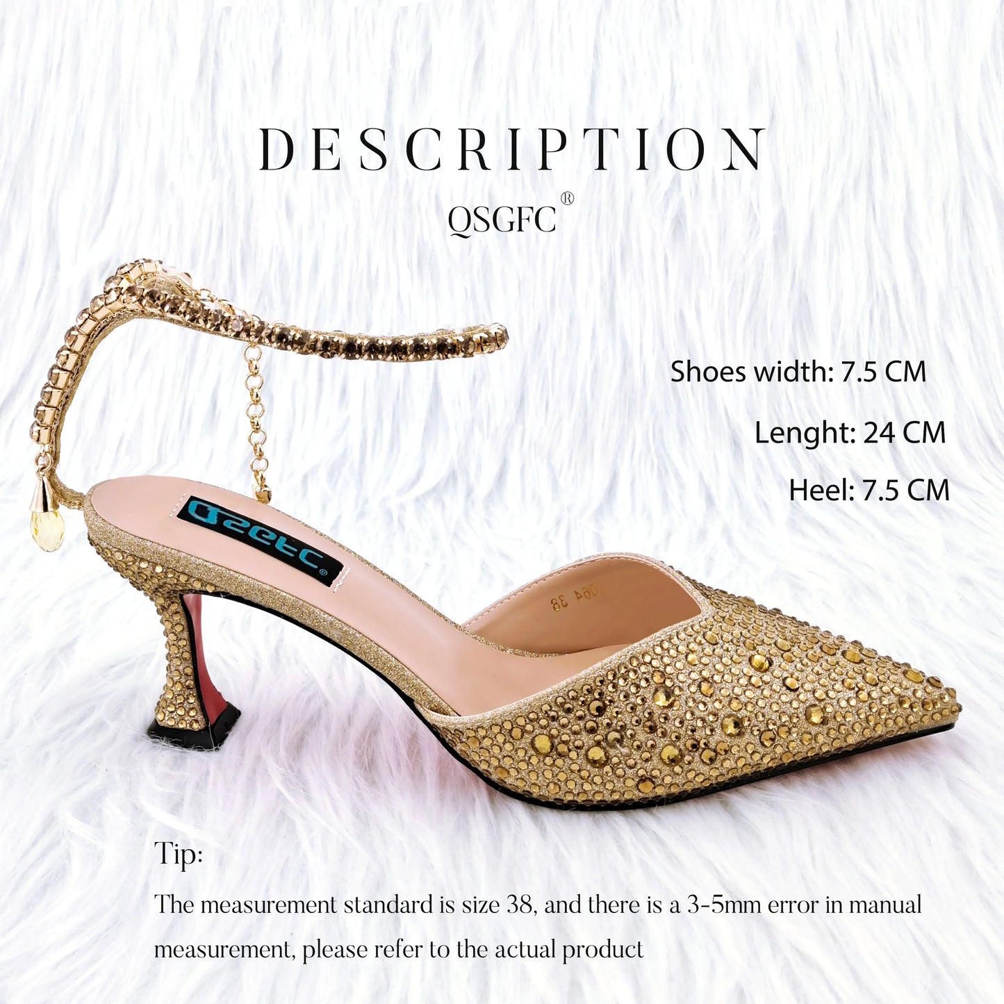 QSGFC New Gold Glitter Fabric Pointed Toe High Heels With A Variety Of Shapes Of Rhinestones Fashion Party Ladies Shoes And Bag