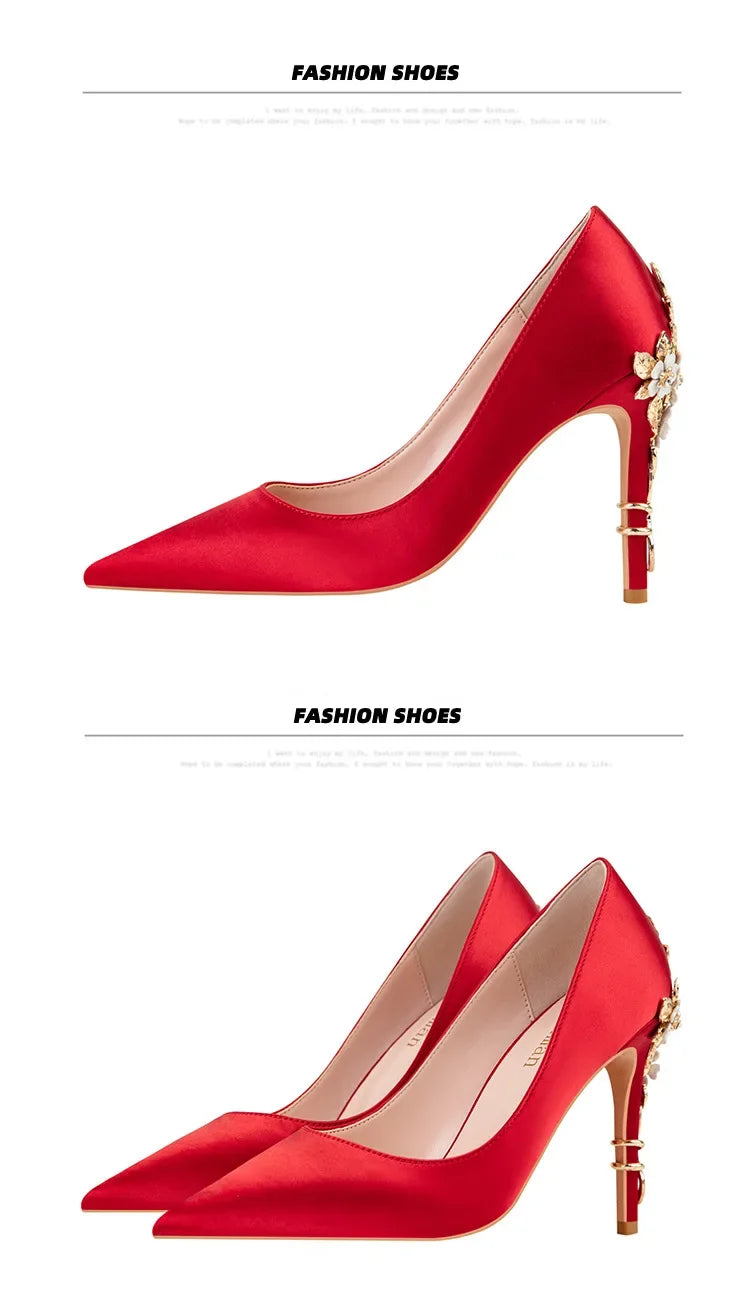 Women's Metal Flowers Stiletto High-heel Shoes Female Light Luxury Sexy Fashion Wedding Shoes Pointed Toe Satin Single Shoes