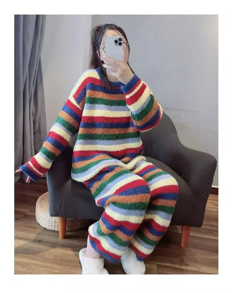 Winter Pajamas for Women: Cute Rainbow Pattern Korean Style Simple Half-Fleece Warm Pajamas Homewear Women's Winter Set