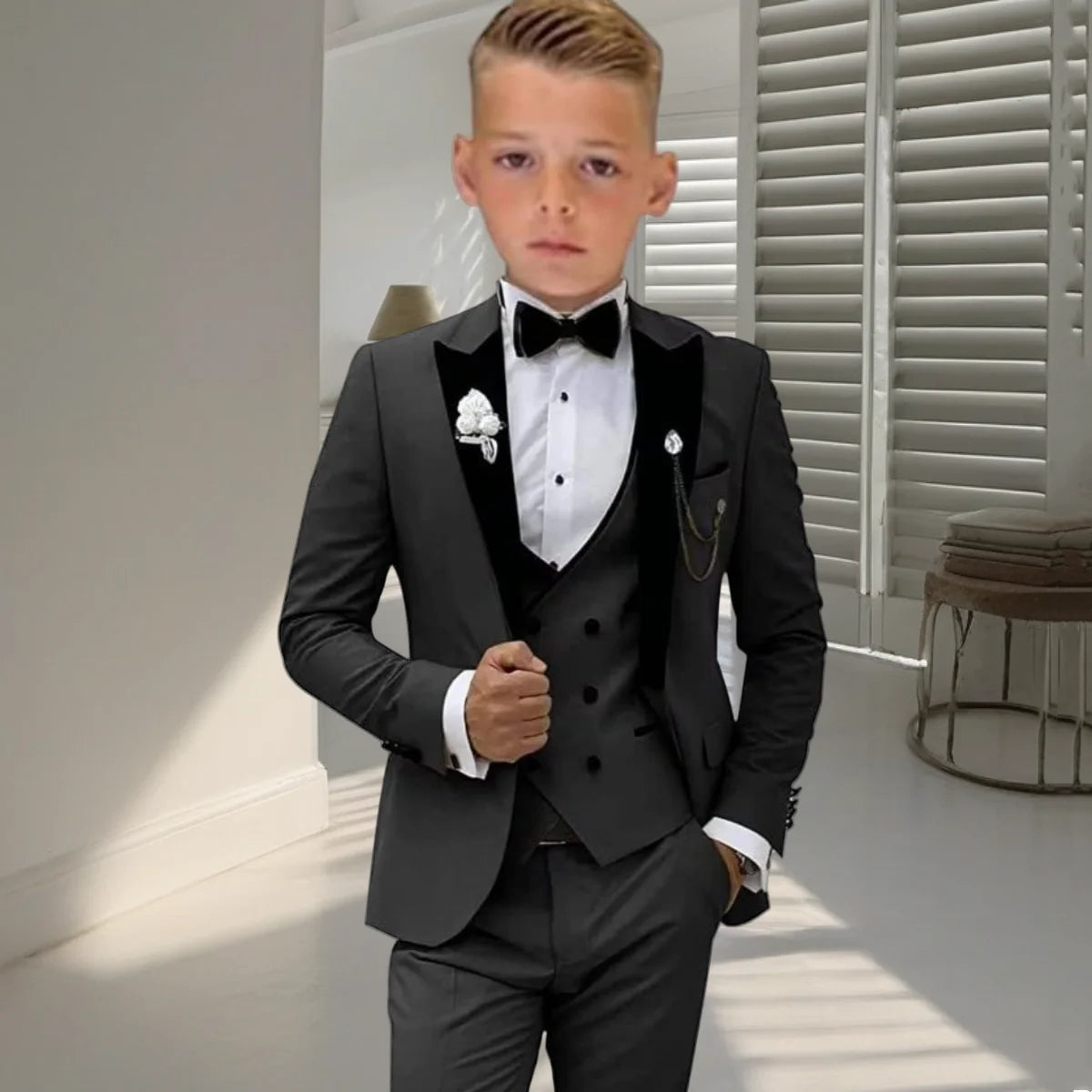 Velvet Collar Suit Set for Kids 3-14 Years, Three-Piece Wedding Suits for Boys, Toddler Suits Tuxedo Blazer Vest Pants Set