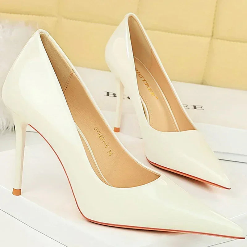 Women 7cm High Heels Career Temperament Work Pumps Lady Stiletto Heels Glossy Leather Fetish Royal Blue Nude Party Concise Shoes