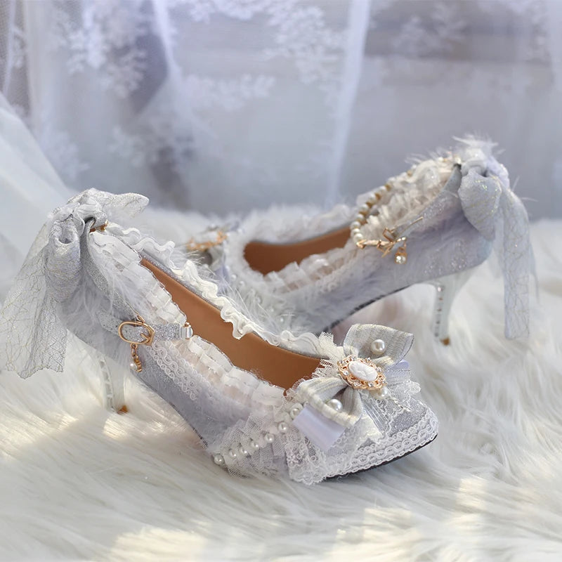 Original Handmade Lolita High Heels Heavy Industry Feather Stitching Pearl Bow Lace Platform Shoes Round Head Princess Heels