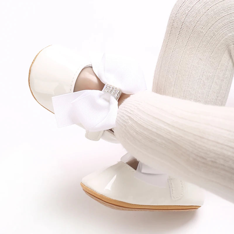 VALEN SINA 0-18 Months Newborn Girl White Baptism Shoes Bow Non-slip Rubber Soft-Sole Flat PU First Walker Mary Janes