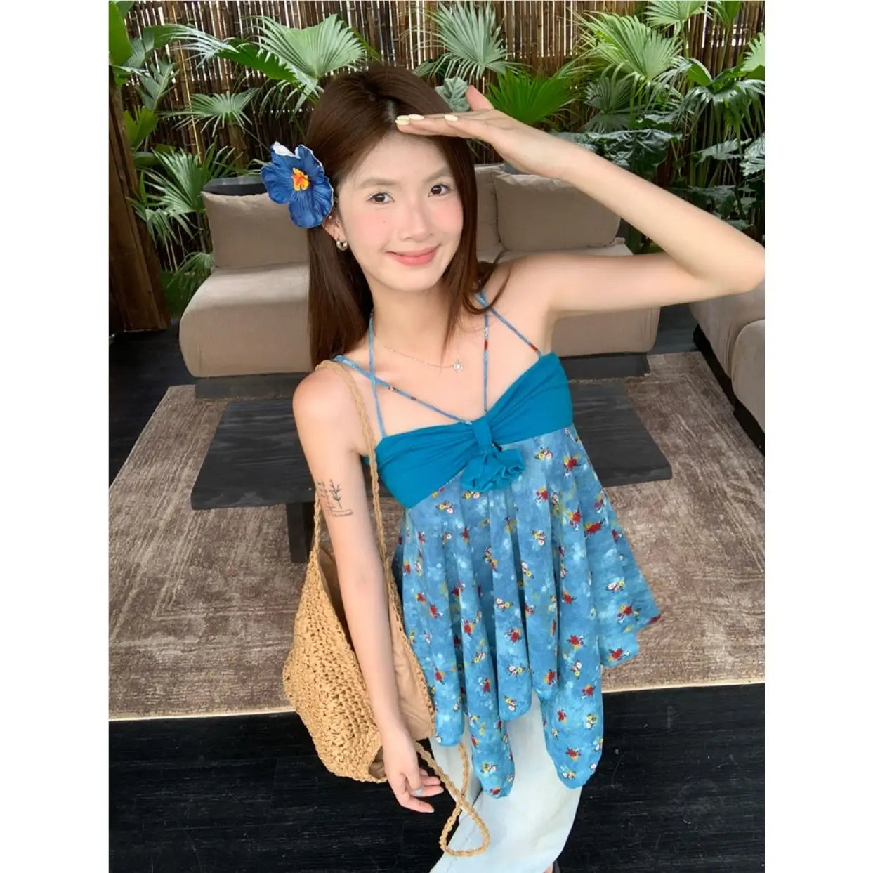 Korejpaa Retro Floral Irregular Camisole Vest Women Summer Blue Three Dimensional Flower Design Y2k Top Outwear Clothesトップス