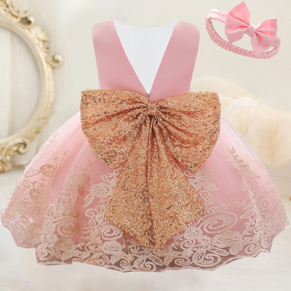 Gold Bow Flower Baby Dress for Girls Christmas Costumes 1st Birthday Party Princess Dresses Wedding Formal Evening Kids Clothing