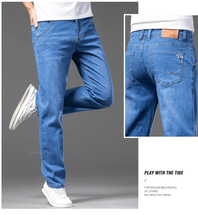 Summer Thin Men's Straight Jeans Classic Black Blue Stretch Casual Business Baggy Denim Pants Male Brand Trousers