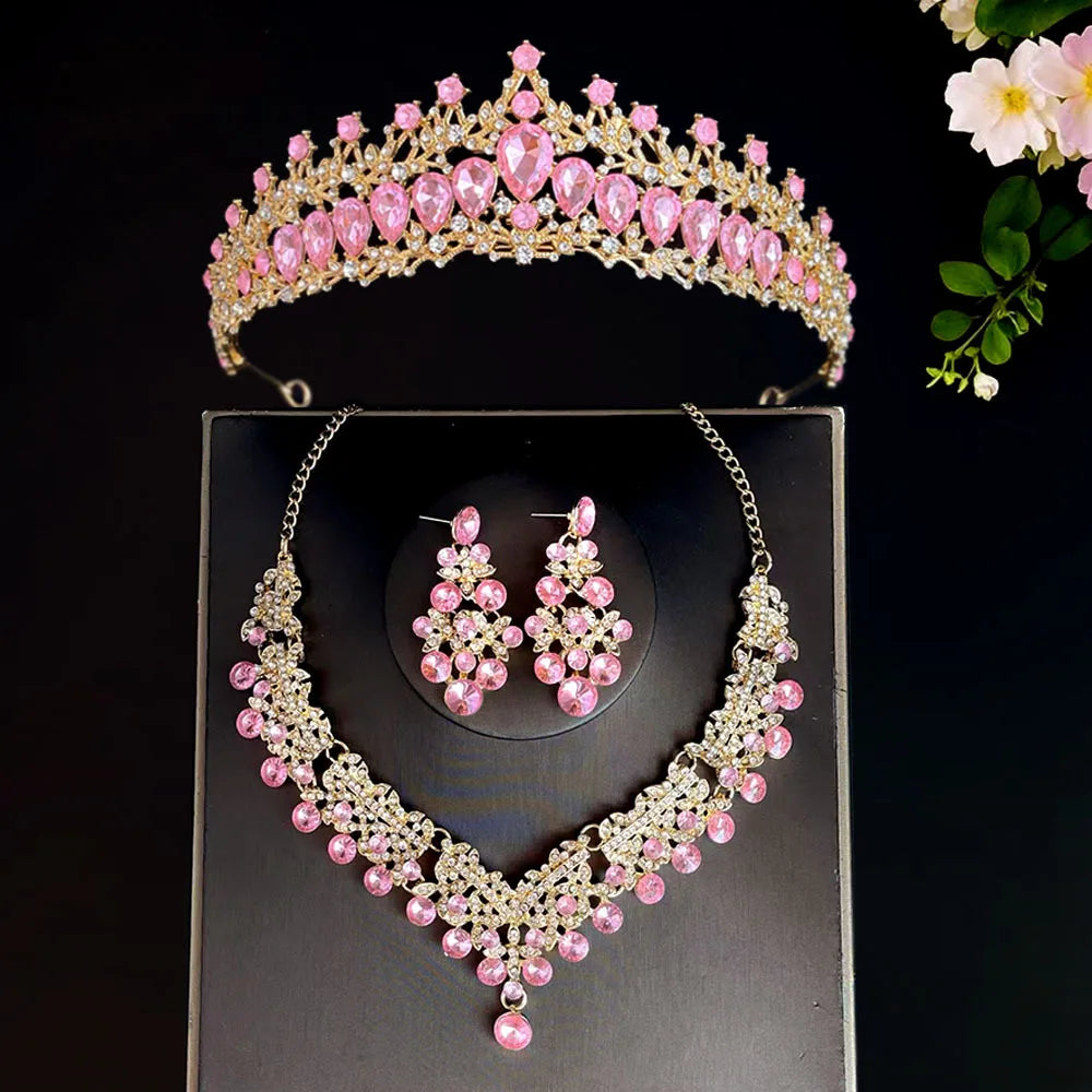 Bridal headwear, crown, three piece set, wedding necklace, earrings, crystal set, European and American wedding accessories