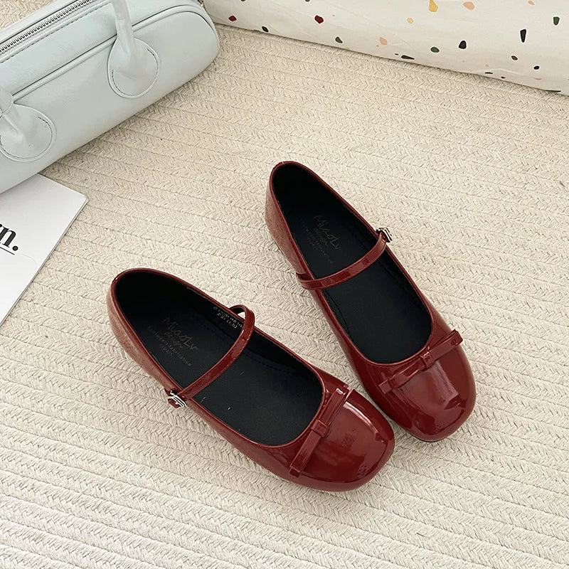 Spring Autumn Wine Red Mary Jane Shoes For Women Low Heel Fashion Butterfly-knot Roud Toe Female Eelgant Dress Leather Shoes
