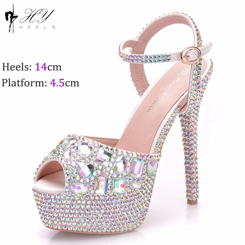 Fashion Diamond Wedding Shoes Ladies 14cm Heels Open-toed High-heeled Waterproof Platform Party Shoes Women